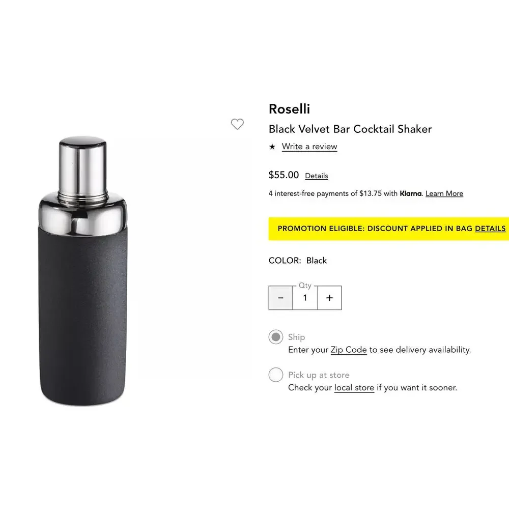 Roselli Trading Company Bar Cocktail Shaker Black Velvet Stainless Steel NEW